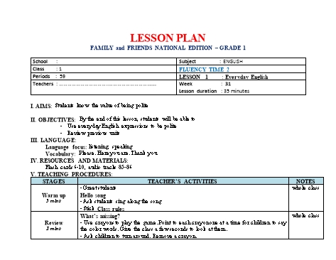 Giáo án Tiếng anh Lớp 1 - Tuần 31 - Fluency time 2