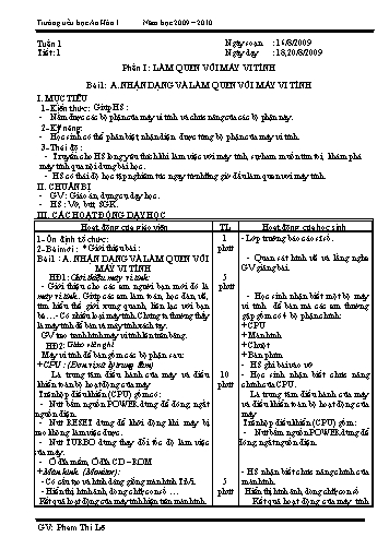 Giáo án Tin học Lớp 3 - Bài 1: A.Nhận dạng và làm quen với máy vi tính