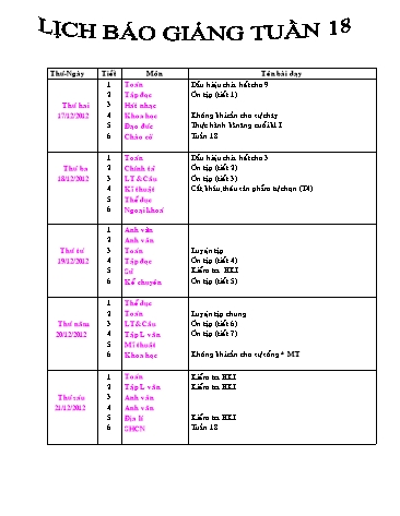 Giáo án tổng hợp các môn học Lớp 4 - Tuần 18