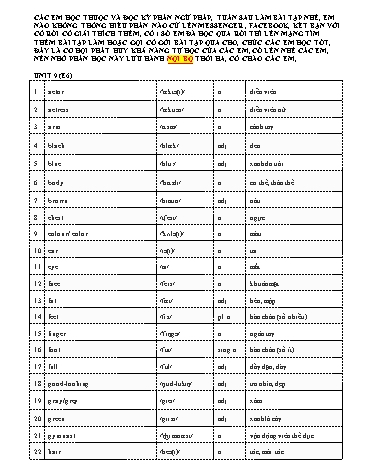 Từ vựng và ngữ pháp môn Tiếng anh Lớp 6 - Unit 9: The body